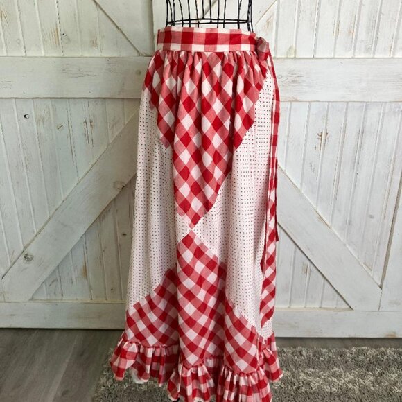 60's Vintage Ellen Tracy Red White Gingham Check Polka Dot Prairie Maxi Skirt - Picture 4 of 7